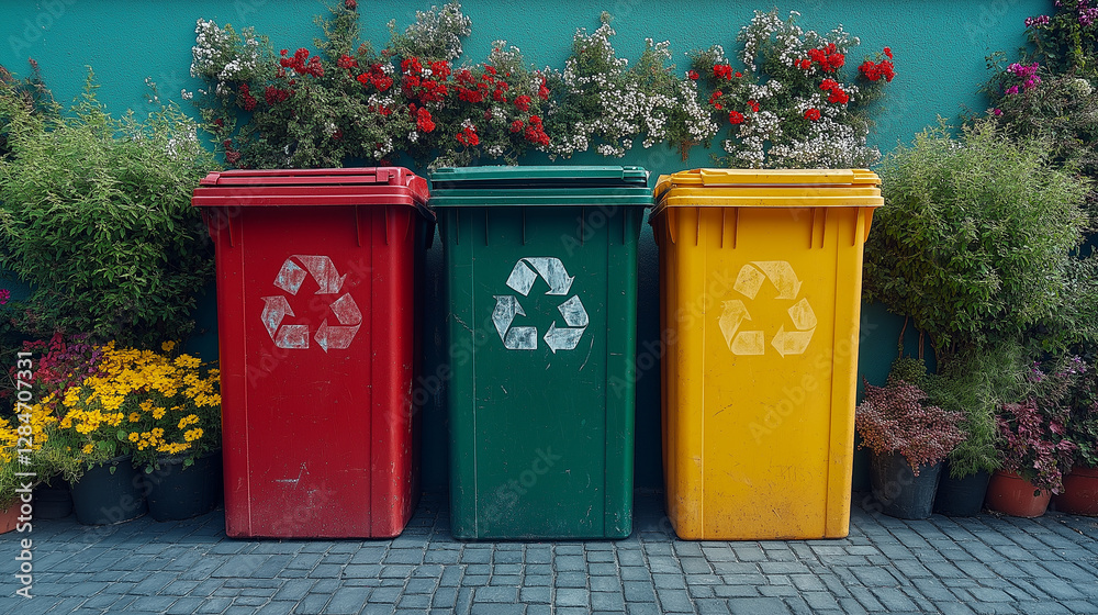 In a vibrant city area, three colorful recycling bins—red, green, and yellow—stand out against a blooming garden, promoting waste management awareness and environmental beauty In a vibrant city area, three colorful recycling bins—red, green, and yellow—stand out against a blooming garden, promoting waste management awareness and environmental beauty