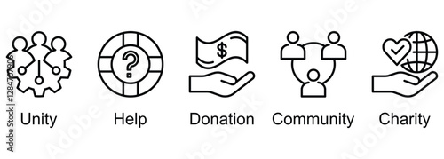 Volunteering banner web icon vector illustration of unity, help, donation, community, charity
