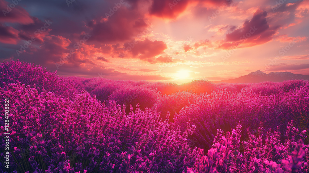 A sprawling expanse of lavender fills the landscape, shimmering under the warm glow of a sunset. Soft pink and purple hues blend with the sky as the day gives way to evening tranquility A sprawling expanse of lavender fills the landscape, shimmering under the warm glow of a sunset. Soft pink and purple hues blend with the sky as the day gives way to evening tranquility