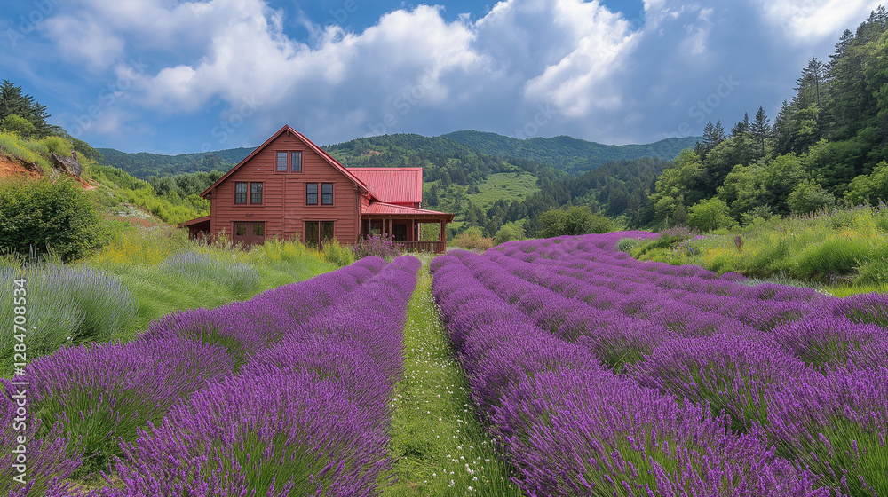 Vibrant lavender blooms create a sea of purple, leading to a charming red farmhouse nestled in the rolling hills. A peaceful day unfolds under fluffy clouds, inviting serenity and beauty Vibrant lavender blooms create a sea of purple, leading to a charming red farmhouse nestled in the rolling hills. A peaceful day unfolds under fluffy clouds, inviting serenity and beauty