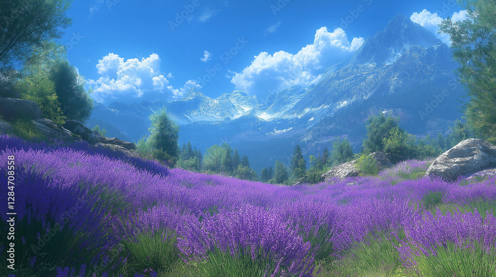 A stunning display of blooming lavender stretches across the foreground, framed by majestic mountains and a bright blue sky, reflecting nature's beauty on a tranquil day A stunning display of blooming lavender stretches across the foreground, framed by majestic mountains and a bright blue sky, reflecting nature's beauty on a tranquil day