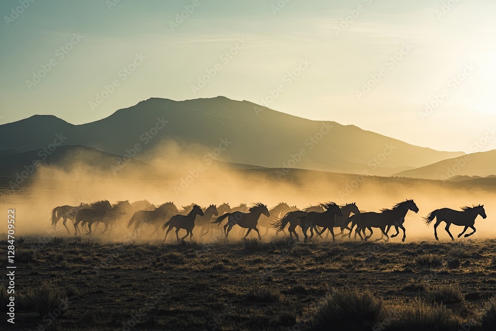 Silhouette of a herd of wild horses, displaying curiosity and friendliness. Wild horse portrait Silhouette of a herd of wild horses, displaying curiosity and friendliness. Wild horse portrait