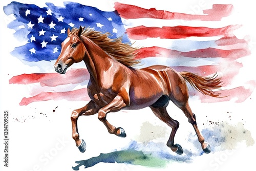 A horse running in front of the American flag
