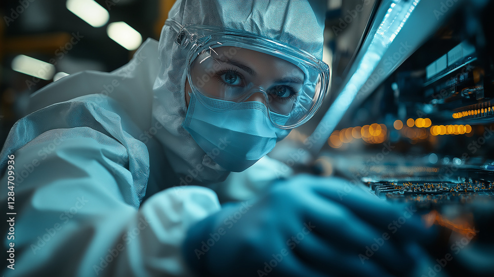 Obraz premium In a bustling high-tech facility, a skilled technician carefully works on intricate electronic components, illuminated by soft ambient lights, embodying precision and dedication after hours