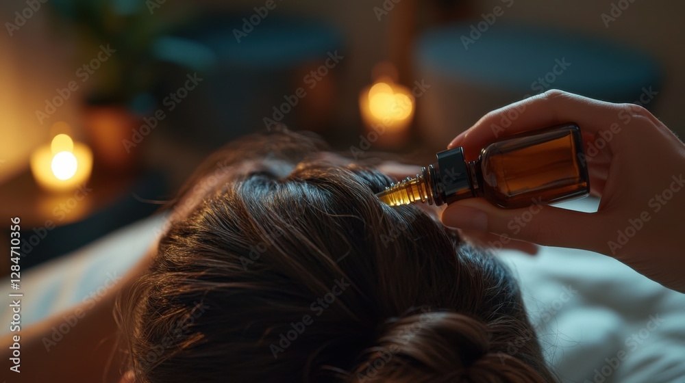 Fototapeta premium Hair loss in a cozy bedroom, a person applying a hair serum. Featuring care and rejuvenation