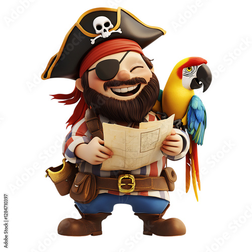 Joyful 3D Cartoon Pirate with Eyepatch and Stripe Isolated on Transparent Background