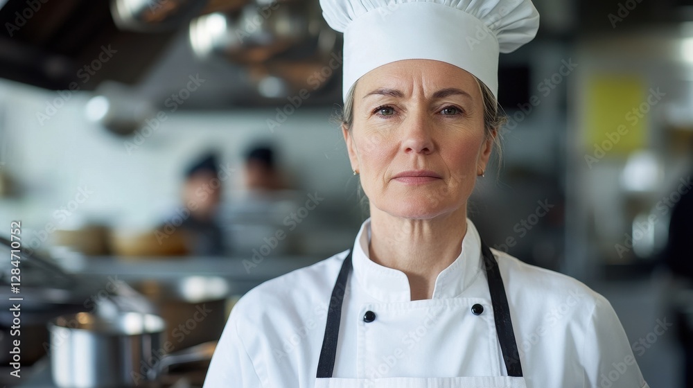 A focused middle-aged female chef wearing a white uniform and chef's hat, standing proudly in a professional kitchen environment, showcasing culinary skills. A focused middle-aged female chef wearing a white uniform and chef's hat, standing proudly in a professional kitchen environment, showcasing culinary skills.