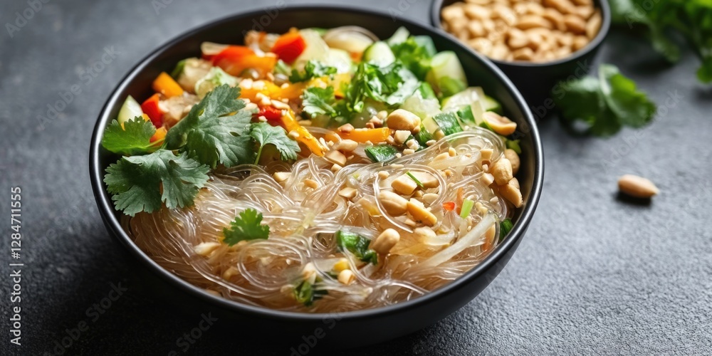 Vibrant bowl of noodle soup with peppers, cilantro and chili. Includes nuts on the side. Vibrant bowl of noodle soup with peppers, cilantro and chili. Includes nuts on the side.