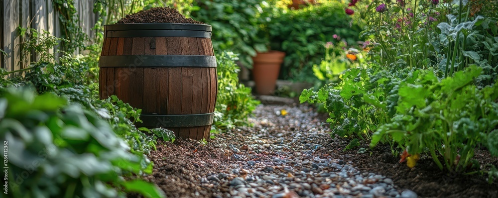Lush garden pathway with wooden barrel and vibrant greenery in sunlight Lush garden pathway with wooden barrel and vibrant greenery in sunlight