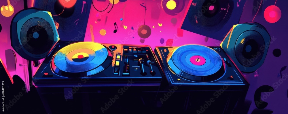Obraz premium Vibrant dj console with vinyl records and colorful lights in a dynamic music setting