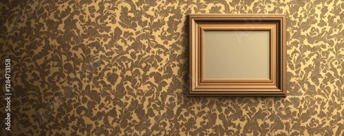 Ornate golden frame on luxurious patterned wallpaper with intricate leaf designs