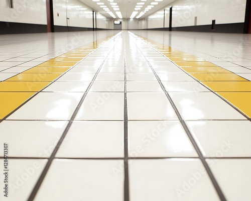 A tiled floor in a long hallway with bright lights photo