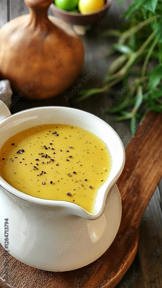Rich yellow sauce served in a white ceramic bowl on a wooden board with herbs in the background