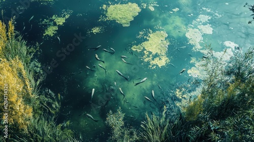 A serene natural pond filled with various fish swimming among vibrant green plants and scattered patches of algae. Sunlight illuminates the water, creating a tranquil environment