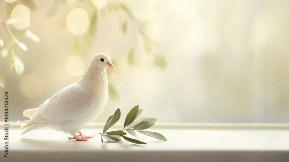 Fototapeta premium Graceful White Dove Standing with Olive Branch on Sunlit Surface. Concept of Peace, Serenity, Nature's Beauty, Symbolic Harmony, bird, pigeon, Dove of peace. Copy space