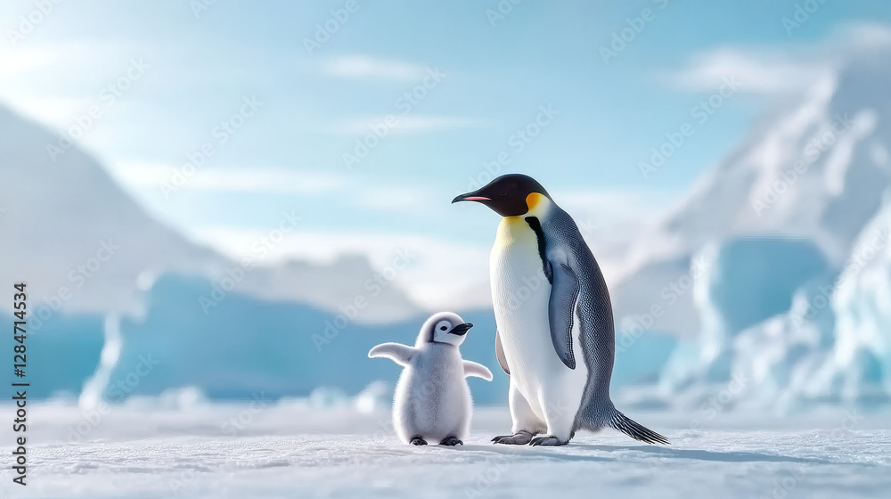 Fototapeta premium Playful Emperor Penguin Chick Standing Beside Adult in Icy Antarctic Landscape. Concept of Wildlife Adoration, Antarctic Biology, Animal Family, Cold Habitat. Copy space