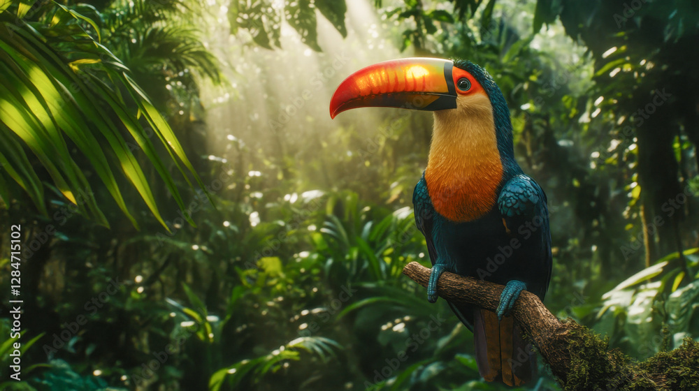 Obraz premium Vibrant Toucan with Colorful Beak Perched on Branch in Lush Jungle Environment. Concept of Tropical Wildlife, Exotic Birds, Natural Habitat, Jungle Serenity. Copy space