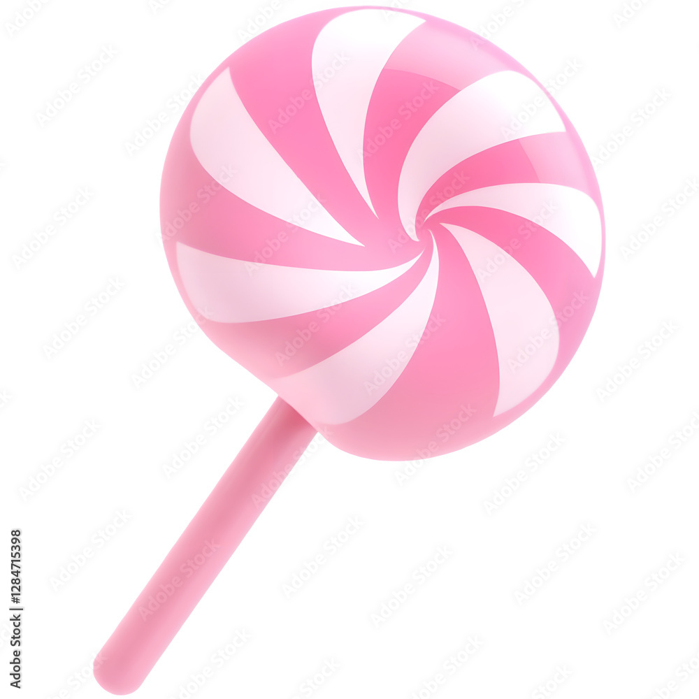 A pink and white swirled lollipop with a stick, showcasing a classic candy design.