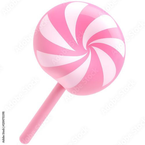 A pink and white swirled lollipop with a stick, showcasing a classic candy design.