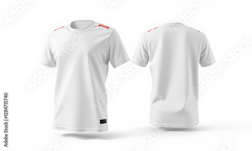 plain white jersey mockup featuring modern design with orange accents on shoulders. Ideal for showcasing sportswear or casual apparel