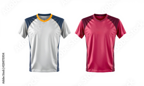Two sports jerseys in white and pink colors with contrasting sleeves and necklines, showcasing modern design ideal for athletic wear
