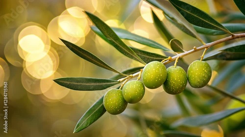 Close up on a green olives on a branch