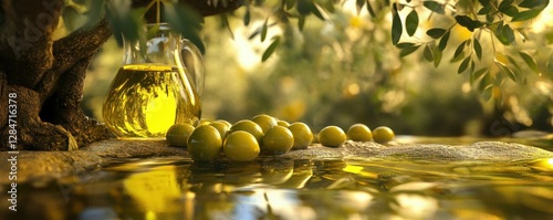 Freshly harvested green olives and olive oil under a sunlit olive tree