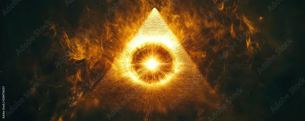 Fototapeta premium Glowing triangle with central eye illuminates mystical energy in fiery abstract design