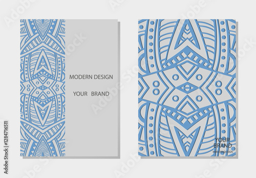 Set of blue covers, vertical templates. Collection of relief, geometric 3D backgrounds, embossing. Mandala, arabesques, logo. Ethnic ornaments and patterns of the East, Asia, India, Mexico, Aztec.