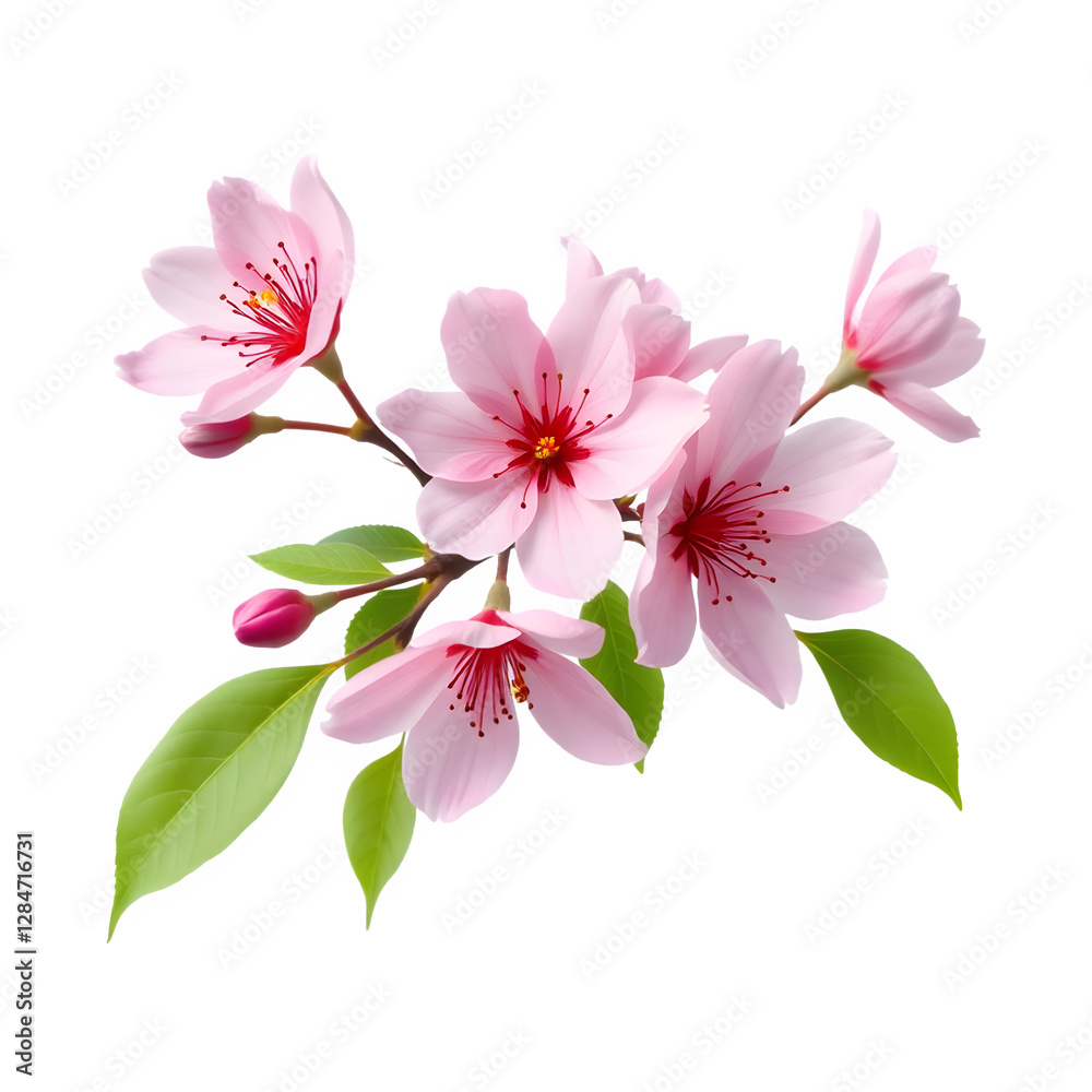 Obraz premium A delicate cluster of pink flowers with vibrant petals and green leaves, showcasing nature's beauty.