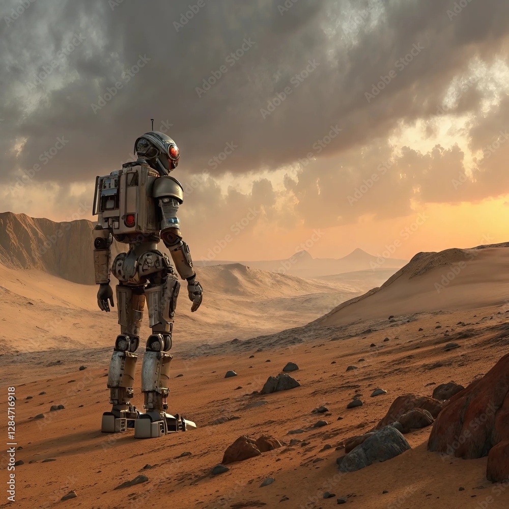 A robot stands alone in a desert landscape, surrounded by scattered rocks under a clear blue sky. A robot stands alone in a desert landscape, surrounded by scattered rocks under a clear blue sky.