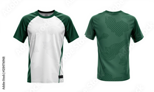 Stylish green and white jersey mockup featuring unique pattern, perfect for sports teams or casual wear. Ideal for showcasing designs or branding