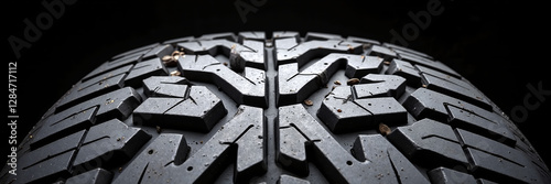 Close-up of rugged tire tread with dirt on black rubber surface
