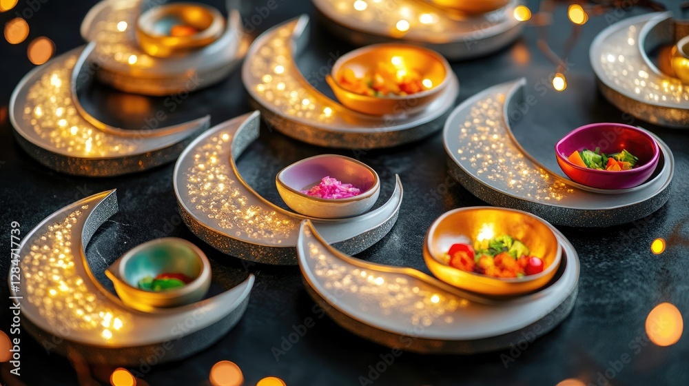 A Ramadan dinner scene specifically for kids with individual meal trays designed like crescent moons A Ramadan dinner scene specifically for kids with individual meal trays designed like crescent moons