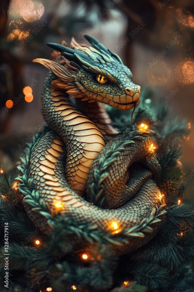 Fototapeta premium Decorative dragon sits on green fir tree, glowing with lights.