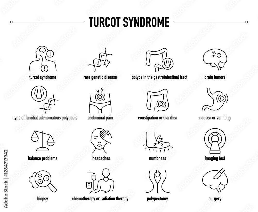 Turcot Syndrome symptoms, diagnostic and treatment vector icon set. Line editable medical icons Turcot Syndrome symptoms, diagnostic and treatment vector icon set. Line editable medical icons