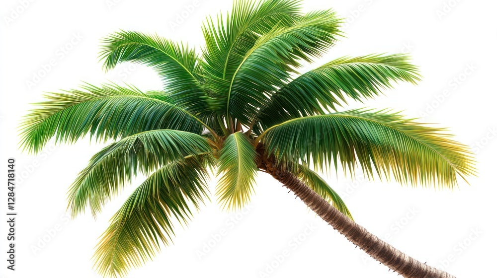 Fototapeta premium Lush tropical palm tree isolated on white background, perfect for travel brochures