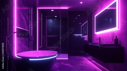 A stunning futuristic bathroom with neon purple LED lighting, sleek modern design, and a cyberpunk-inspired aesthetic, creating a luxurious and immersive high-tech relaxation space
