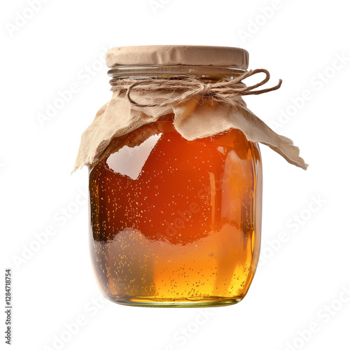 Glass jar of natural honey with rustic lid  
