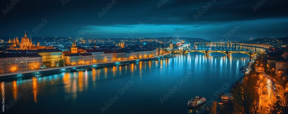 Naklejka premium Nighttime aerial view of a city with illuminated bridges and river under blue sky
