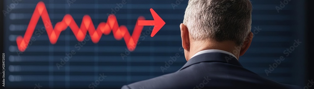 Obraz premium A businessman watching a red arrow on a screen pointing straight down