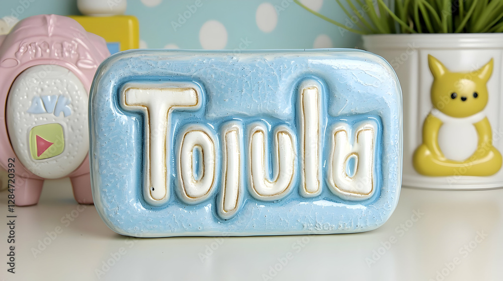 Ceramic nameplate 'Tojula', pastel background, nursery setting Ceramic nameplate 'Tojula', pastel background, nursery setting
