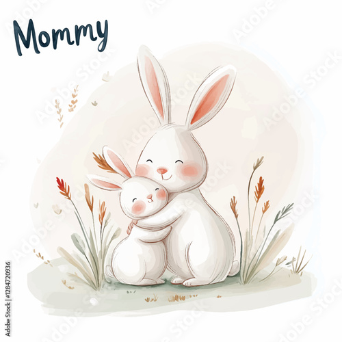 illustration of motherly bunny love and hug