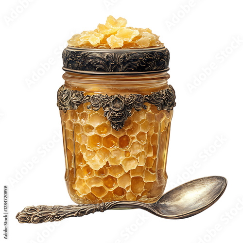 A Jar of Honeycomb with a Spoon for Serving Isolated on Transparent Background photo