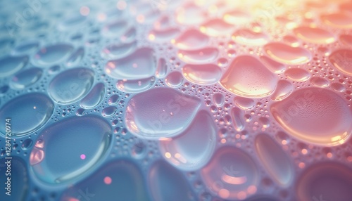 Glass texture with realistic patterns, natural colors, soft lighting, high resolution, bubble surface with blue and pink background