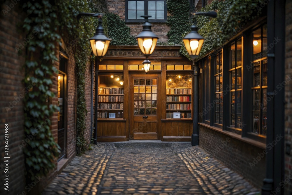 Fototapeta premium Cozy bookshop nestled in charming, ivy-covered cobblestone alleyway