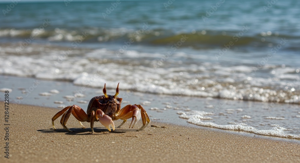 Crab Walking Along the Beach with Ocean Waves in the Background Crab Walking Along the Beach with Ocean Waves in the Background