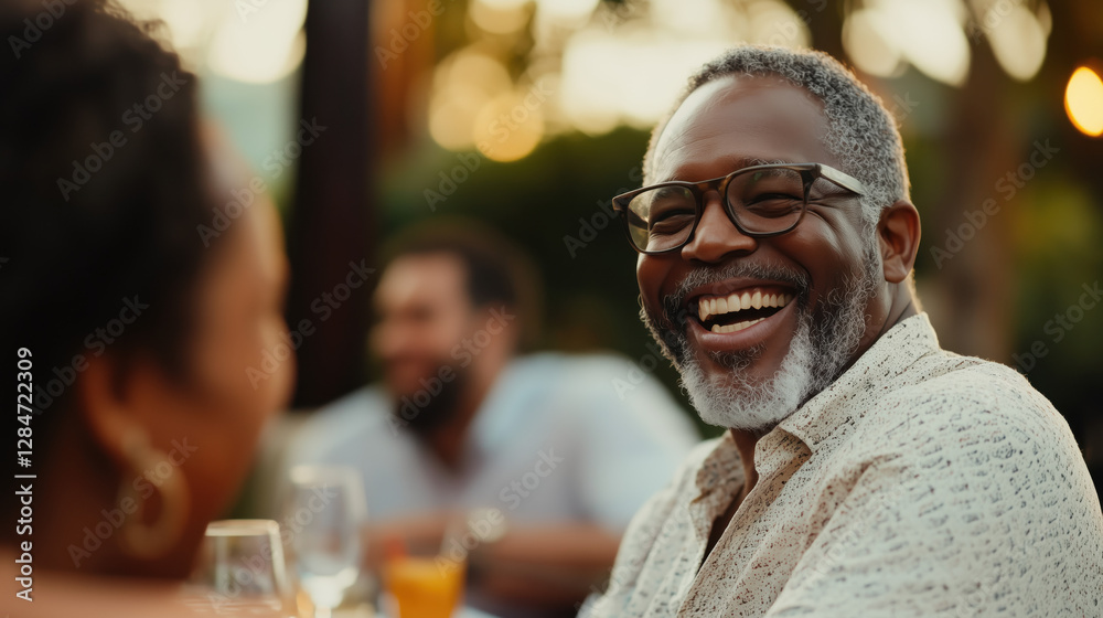 Caribbean Man in His 40s Laughing While Sitting at a Table with Friends, Enjoying a Friendly Conversation Caribbean Man in His 40s Laughing While Sitting at a Table with Friends, Enjoying a Friendly Conversation
