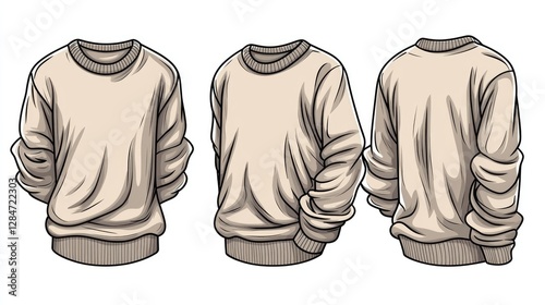 Three Views of a Beige Sweater Displayed from Front, Back, and Side Angles on a White Background photo