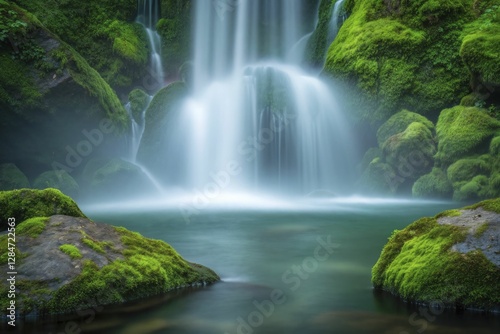 Serene waterfall cascades into tranquil pool, surrounded by lush green, moss-covered rocks.